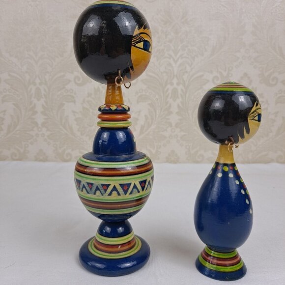 Pair of Egytian Spindle Dolls 1960's Handmade and  Hand Painted Vintage - Picture 5 of 14